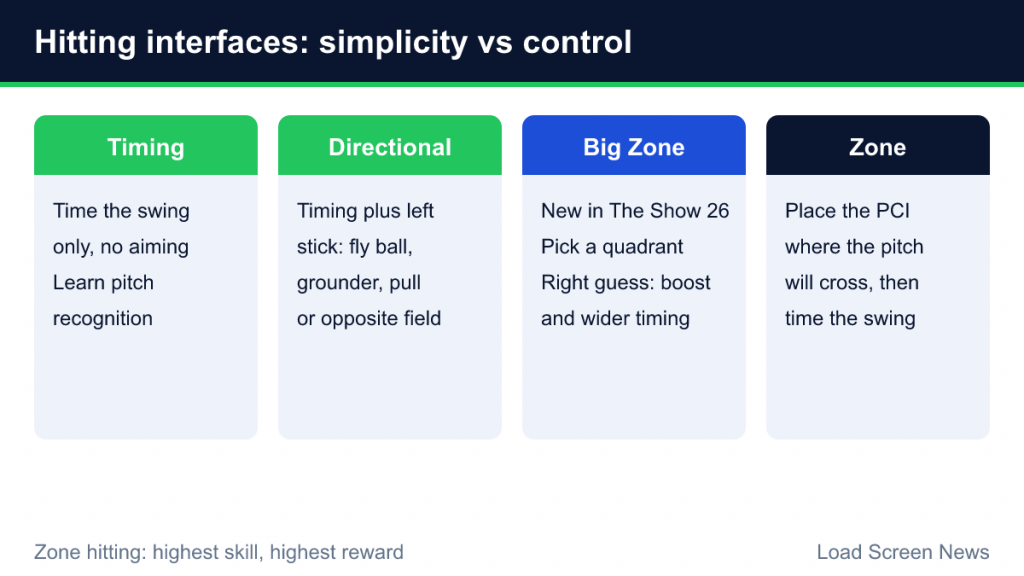 Four cards comparing Timing, Directional, Big Zone and Zone hitting in MLB The Show