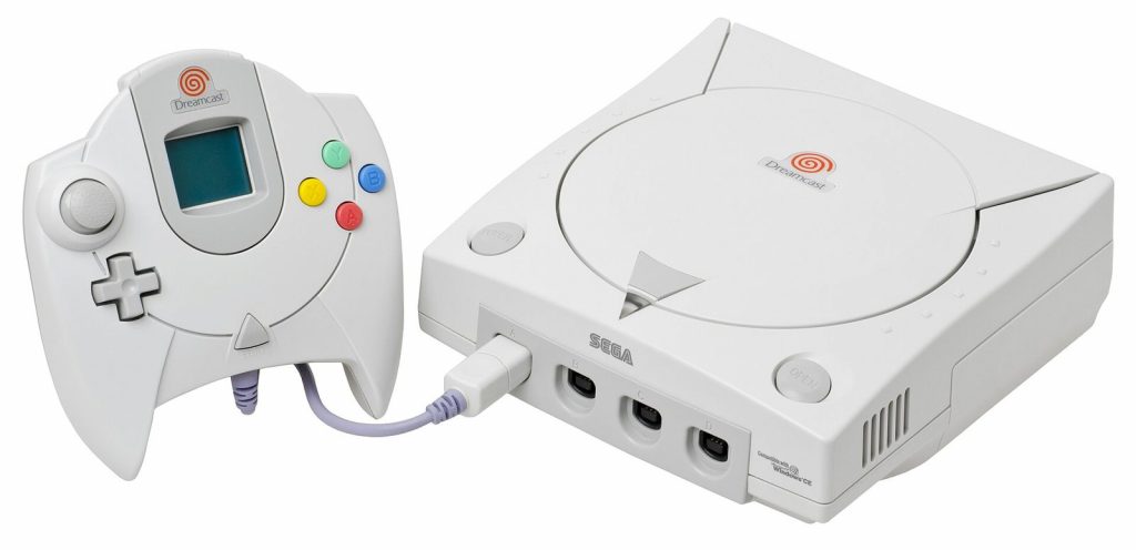Sega Dreamcast console with controller and VMU memory unit