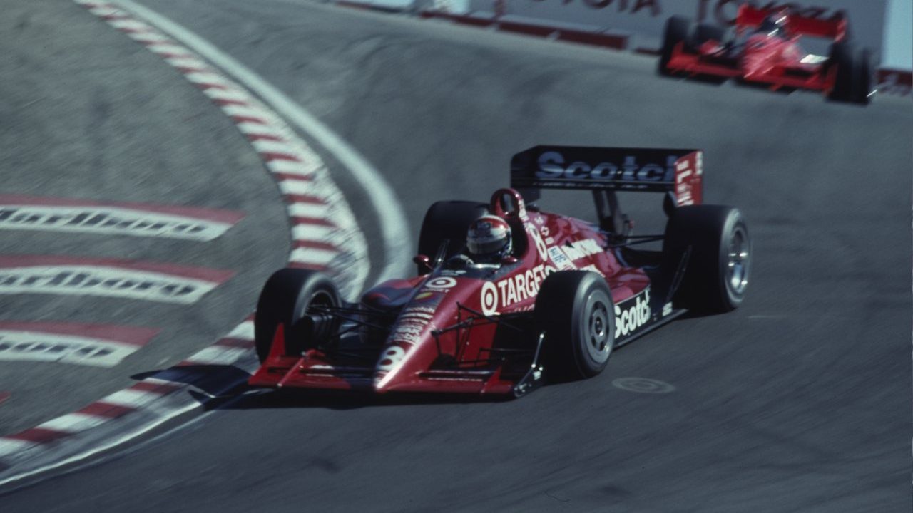 Eddie Cheever's car descending the Corkscrew corner at Laguna Seca in 1991